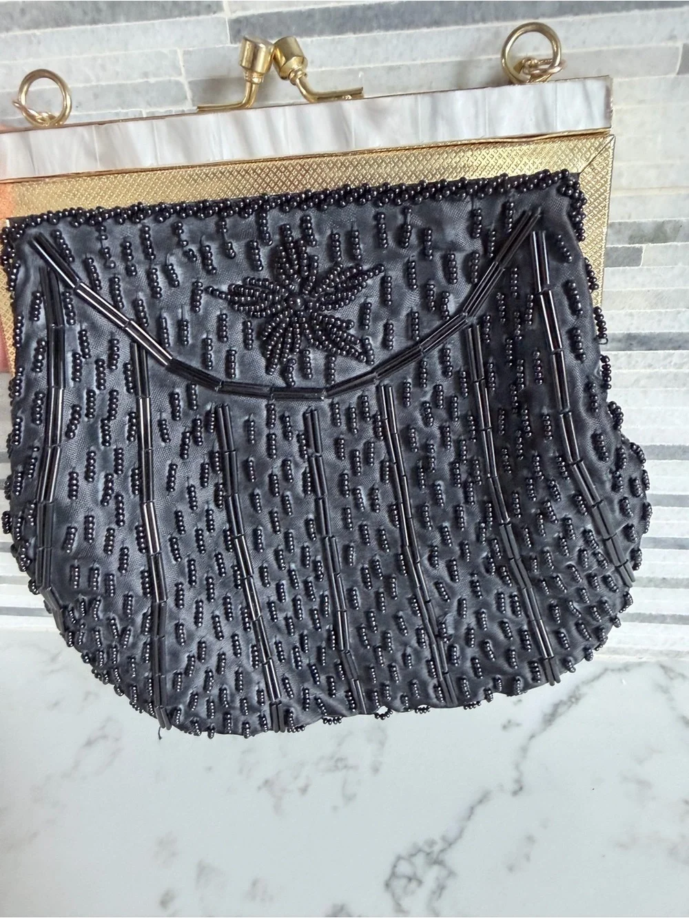 Vintage 1980’s Black Beaded Evening Shell Bag with Gold Chain and hinging clasp